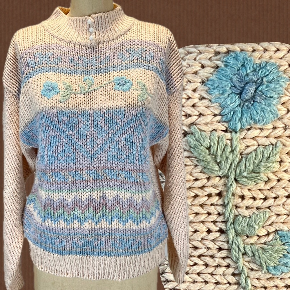 VINTAGE 80s pastel cottagecore floral flower‎ embroidered chunky knit sweater